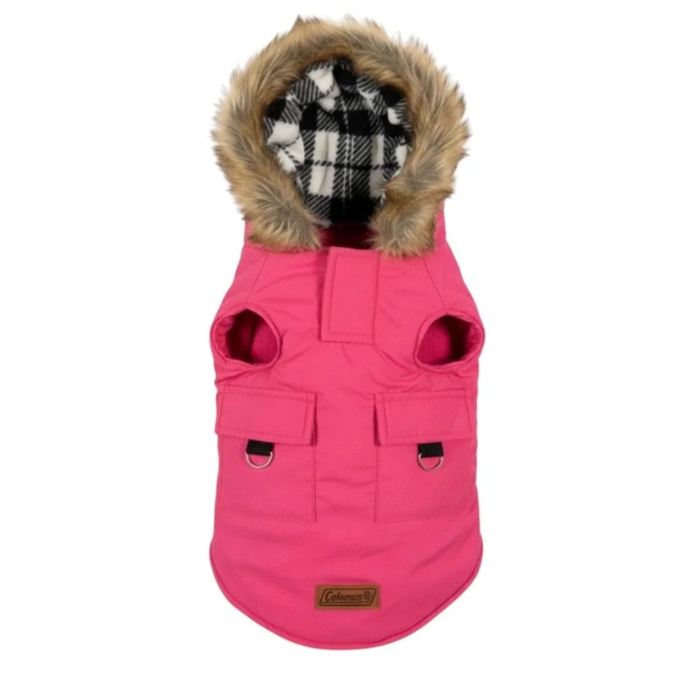 Coleman Drawcord Jacket Dog L Pink Fleece Lined Faux Fur Hood Plaid Trim Coat